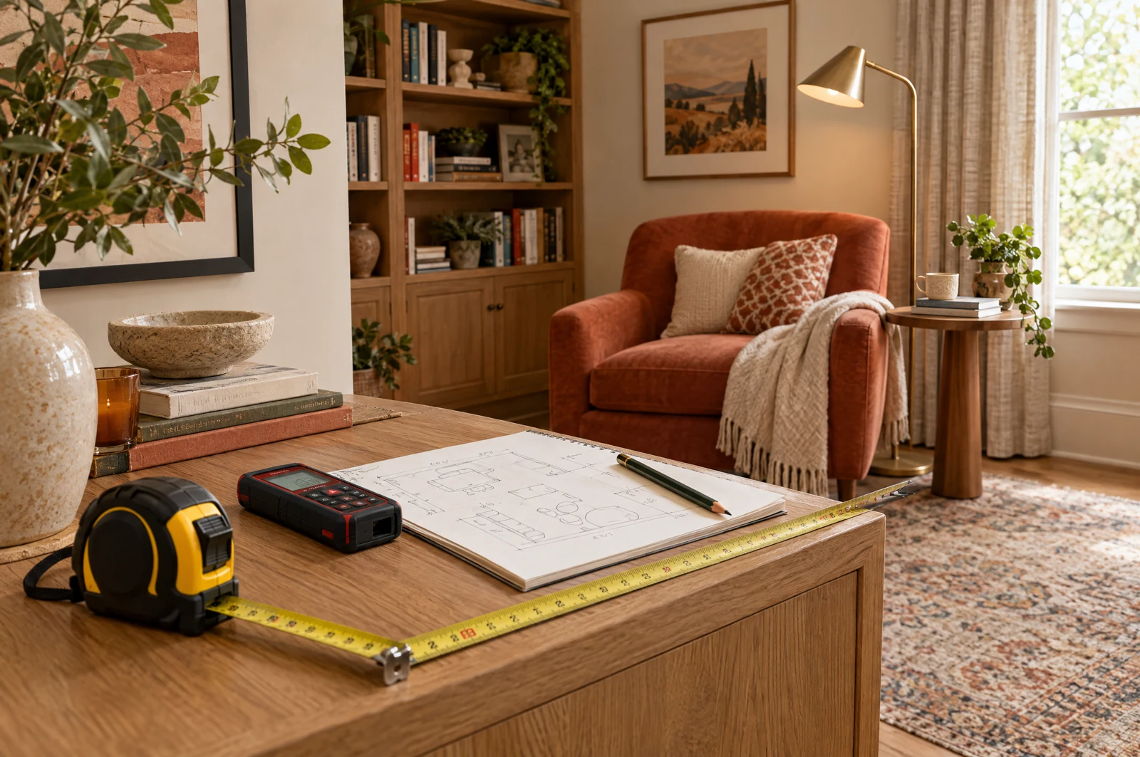 A tape measure, laser measure and room sketch beside a fully furnished reading corner
