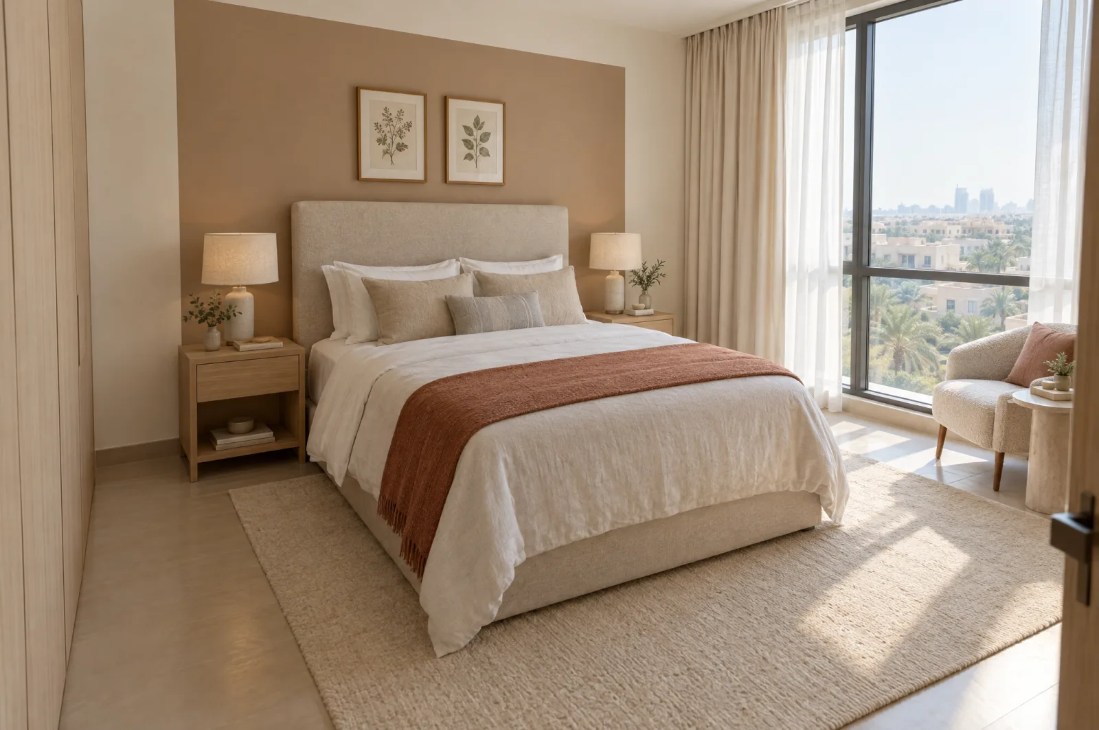A bedroom with an upholstered bed centred on a clay-coloured wall, oak bedside tables, a rug under the foot of the bed and clear floor in front of the wardrobe