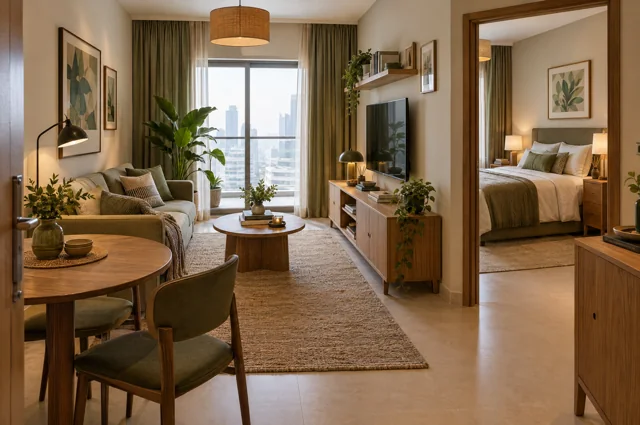 A complete one-bedroom apartment with compact dining, living space and a visible bedroom