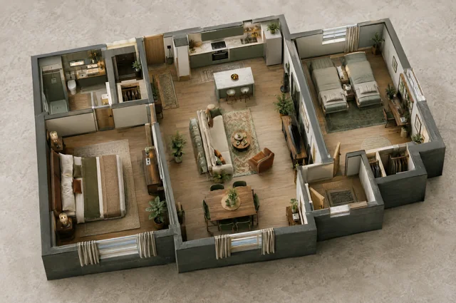 A furnished two-bedroom family apartment with adult and second-bedroom spaces
