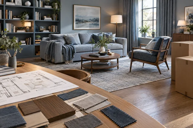 A furnishing plan and material samples beside packed furniture in a styled room