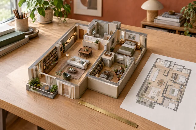 A furnished scale apartment model beside its matching floor-plan drawing
