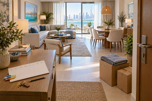 An almost-unpacked furnished apartment with a blank weekly planner and delivery cartons