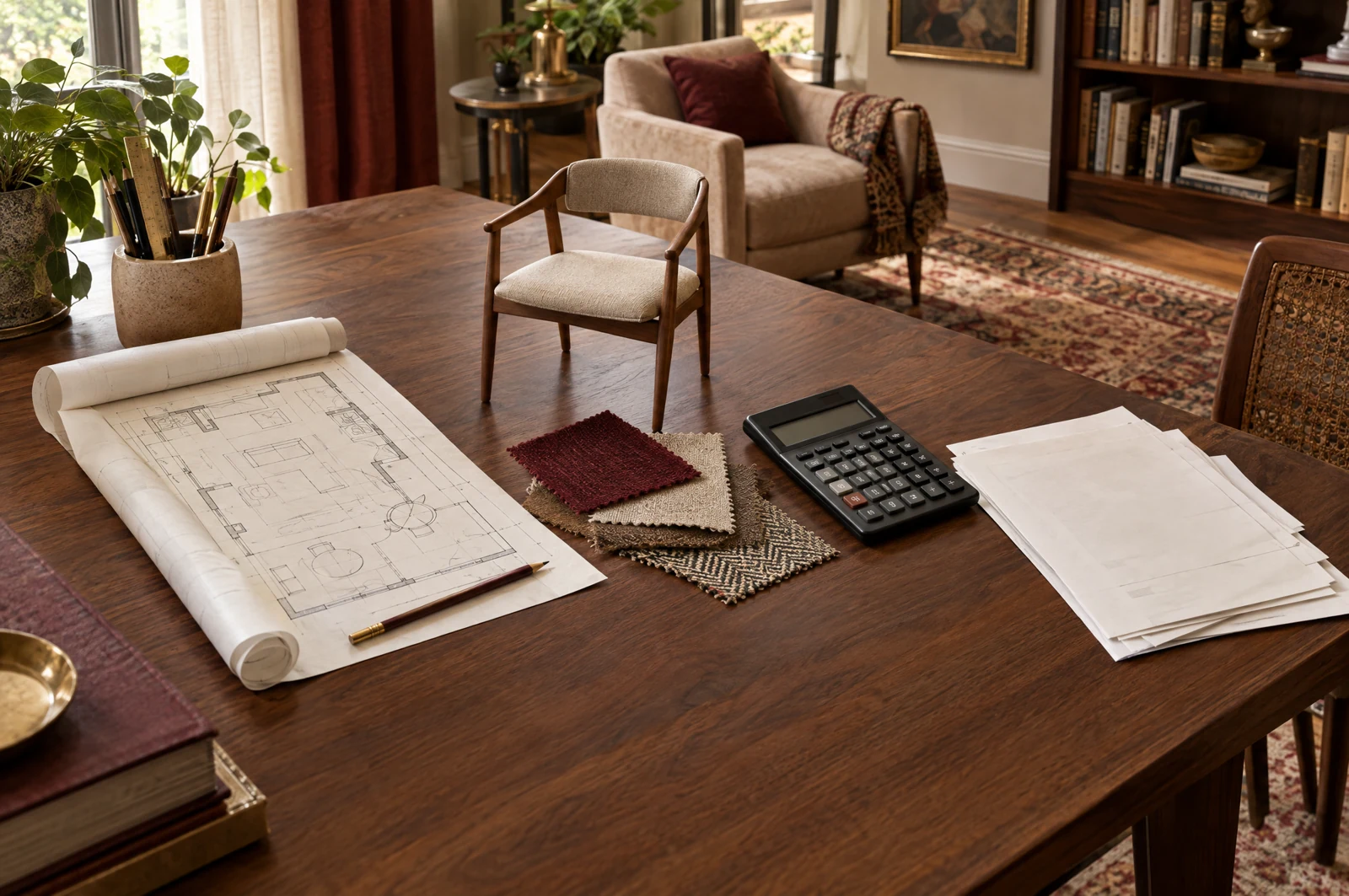 Separate planning materials, furniture samples and a calculator on a walnut desk