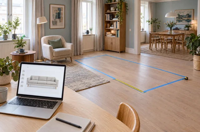A laptop showing a sofa beside a taped furniture footprint in a furnished apartment