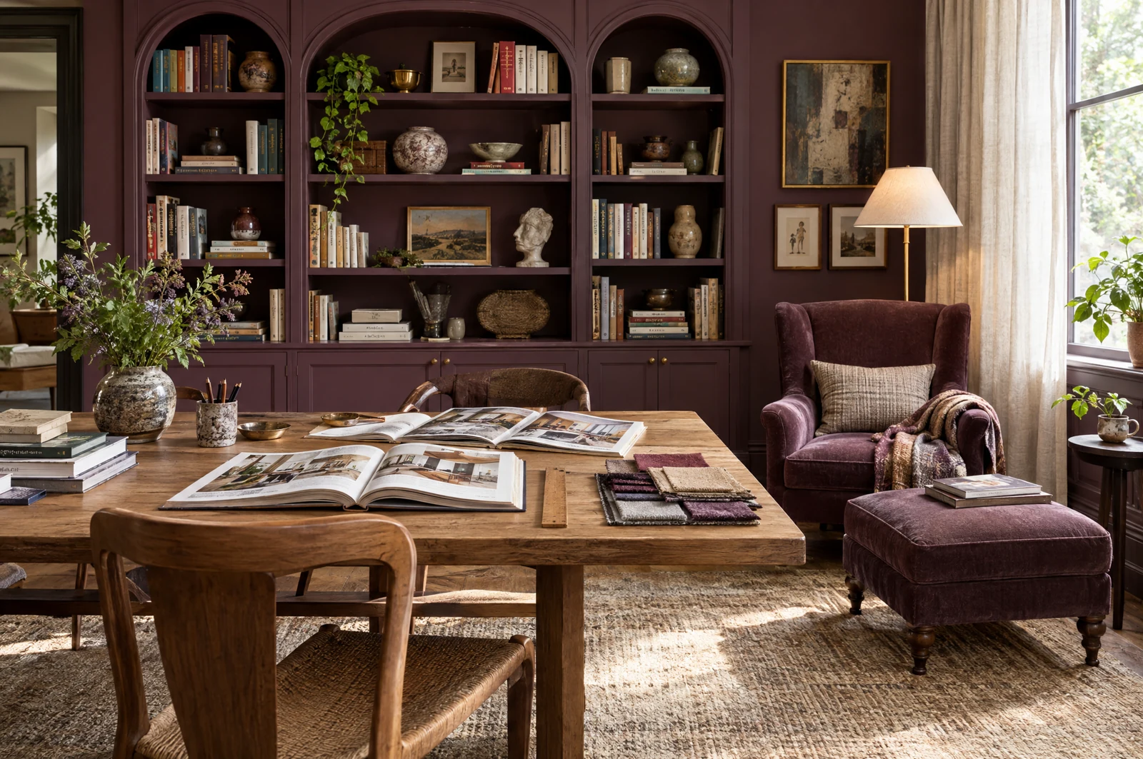 A welcoming design-library desk with furnishing books and colour samples