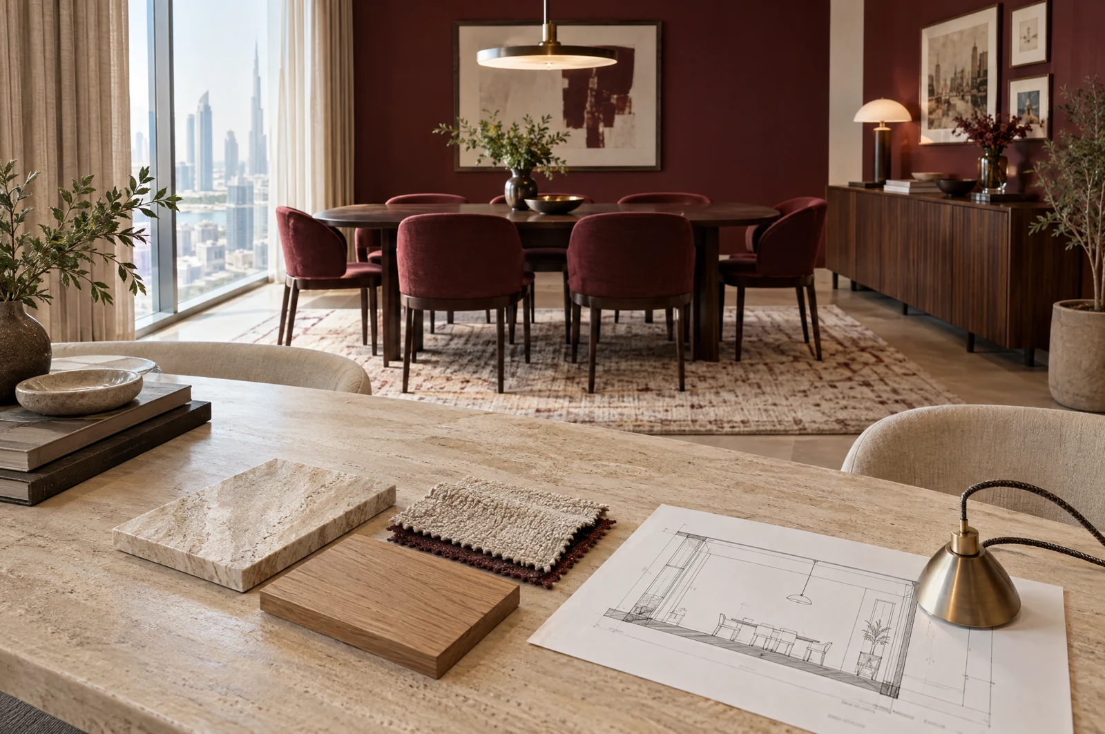 Material samples and scope drawings beside a finished contemporary dining room