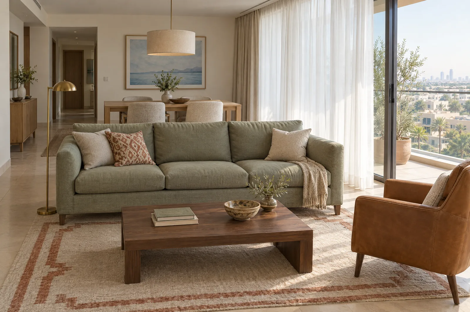 An open-plan apartment living room where the back of a sage-green sofa marks the edge of the dining area