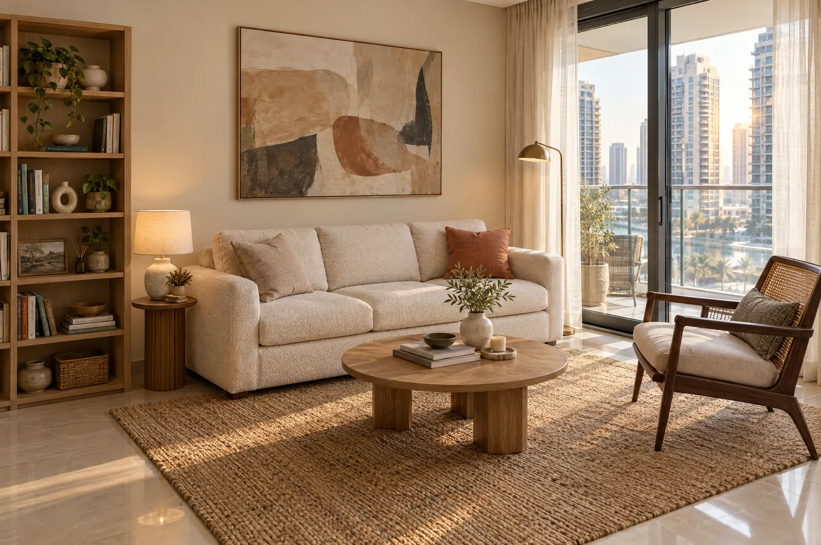 A Dubai apartment living room mixing a light oak flat-pack bookcase, a boucle sofa and a walnut cane armchair