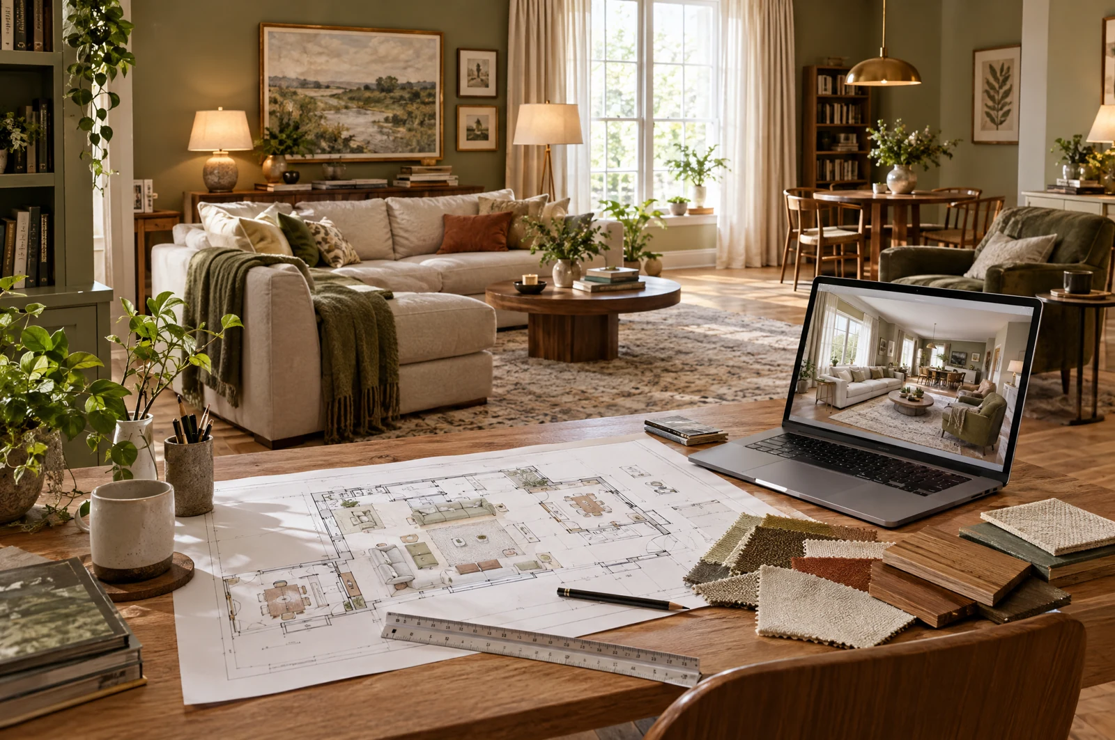 A design workspace with a room plan, material samples and a finished furnished interior