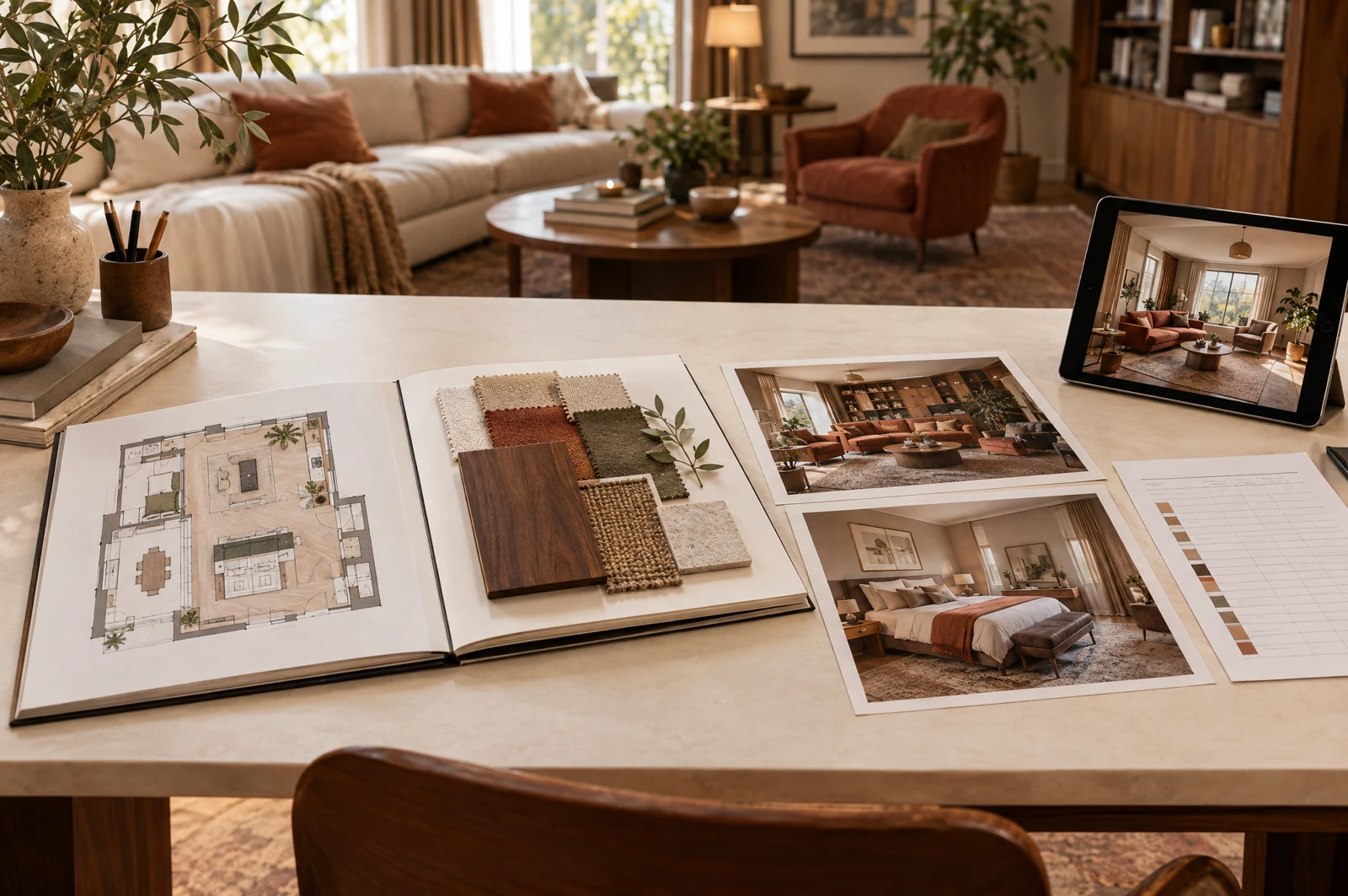 An interior design presentation with a floor plan, material board and furnished-room visuals