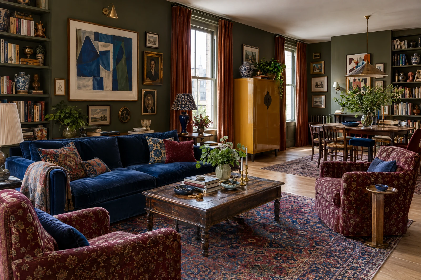 A richly layered eclectic room with jewel tones, mixed patterns and collected furniture