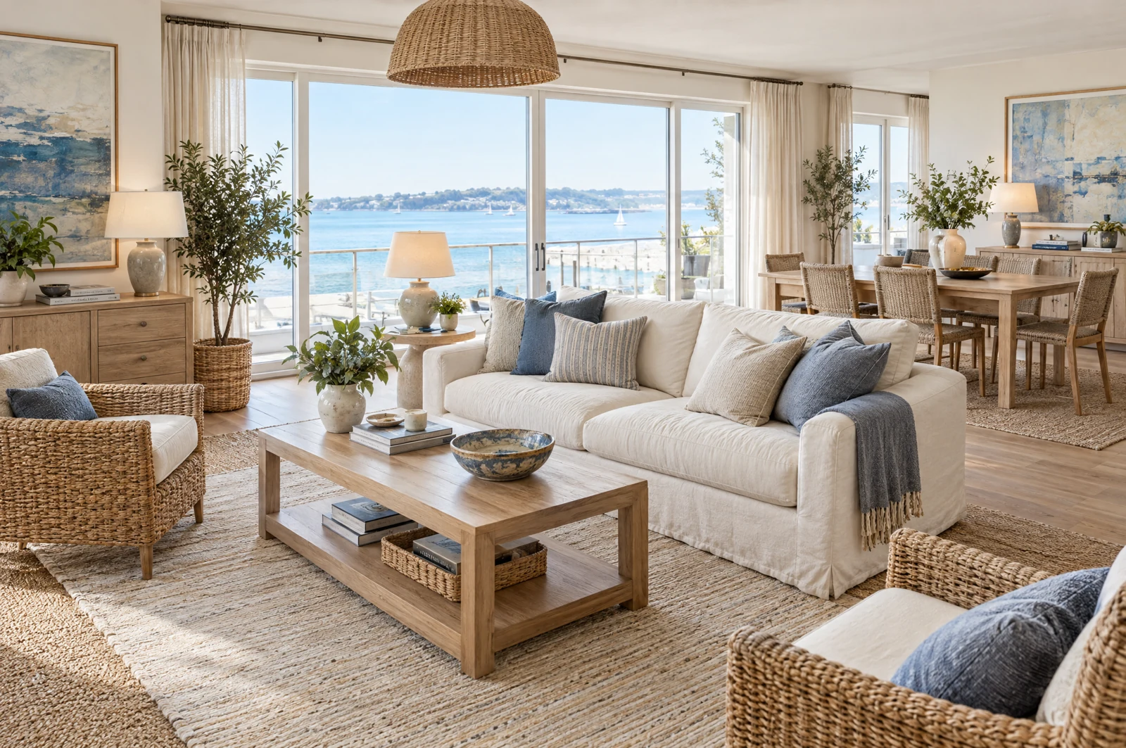 A fully furnished coastal living and dining space with sand, muted blue and woven textures