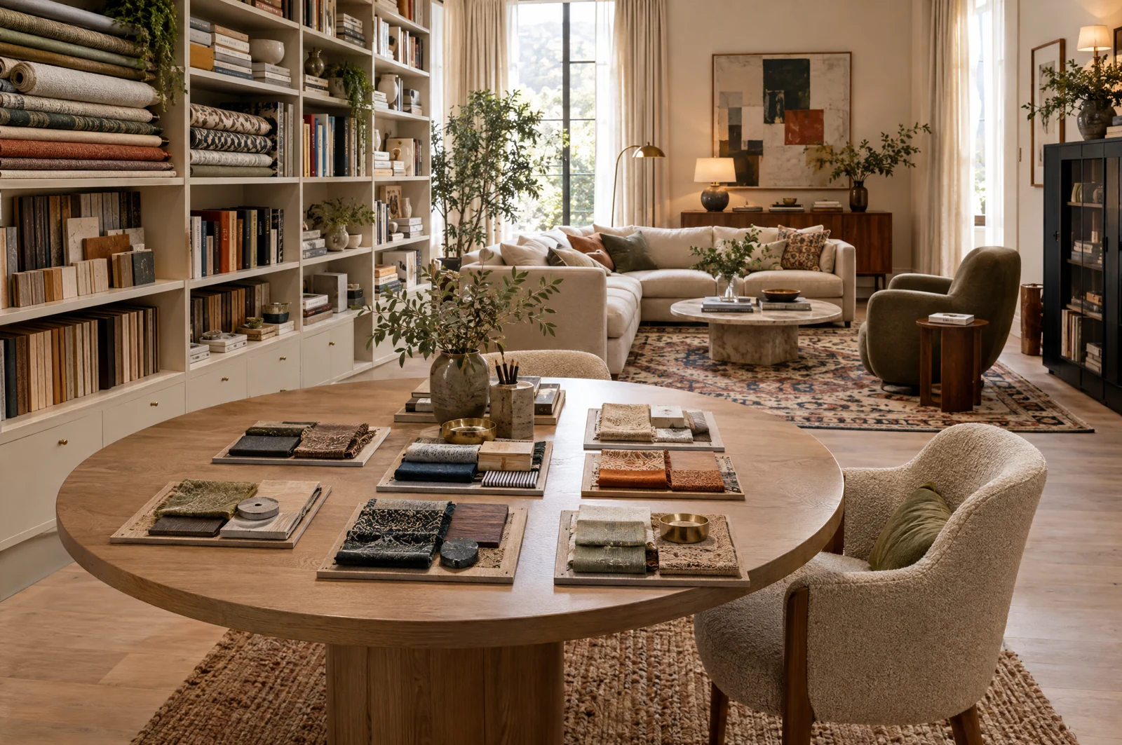A designer's studio displaying varied wood, fabric and colour samples around a furnished lounge