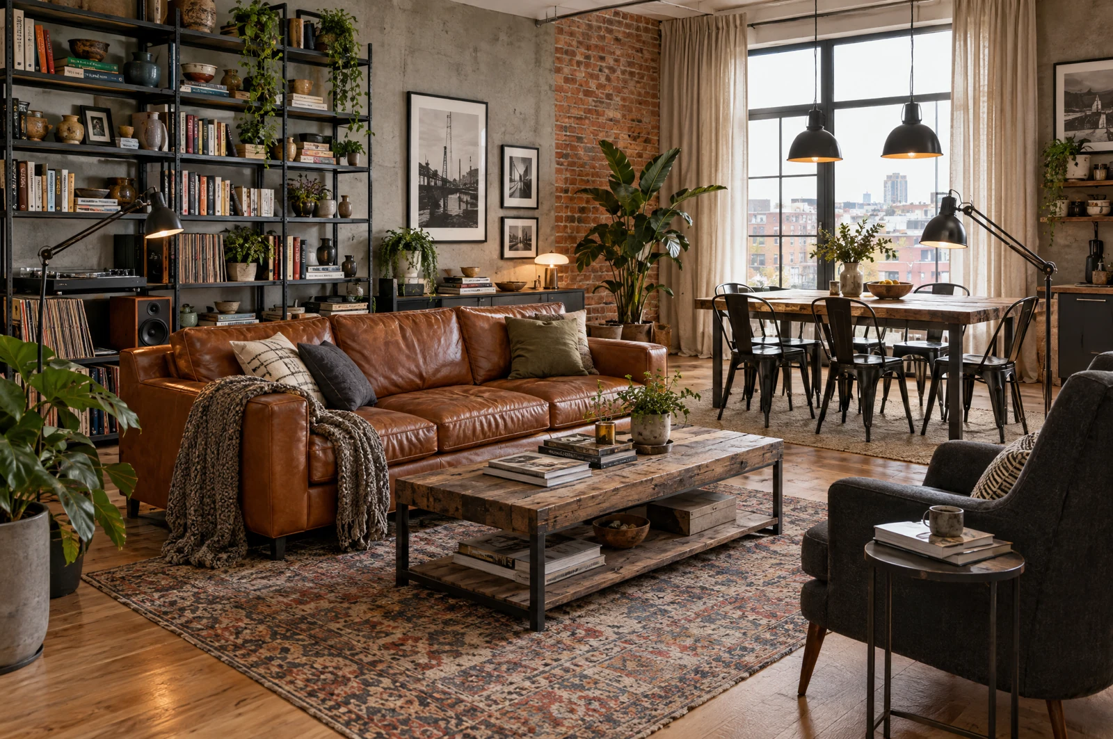 A complete industrial loft-style room with cognac seating, steel shelving and warm textiles