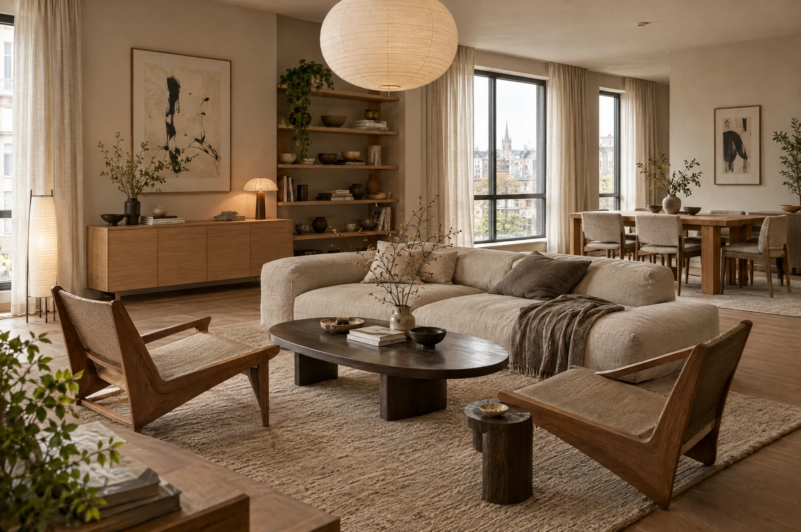 A fully furnished Japandi living and dining room with low furniture and natural textures