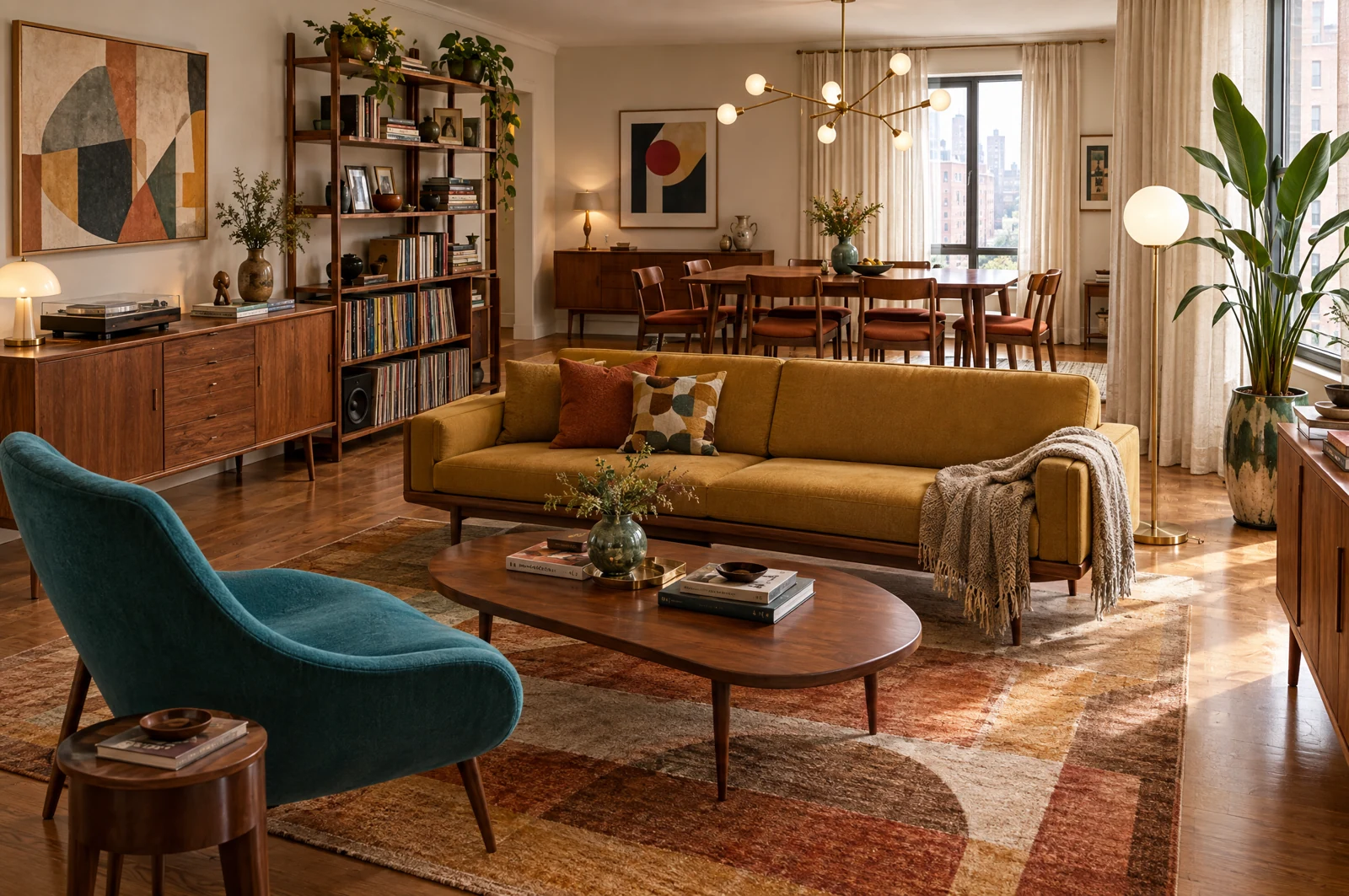 A fully furnished mid-century room with walnut, tapered legs and retro accents