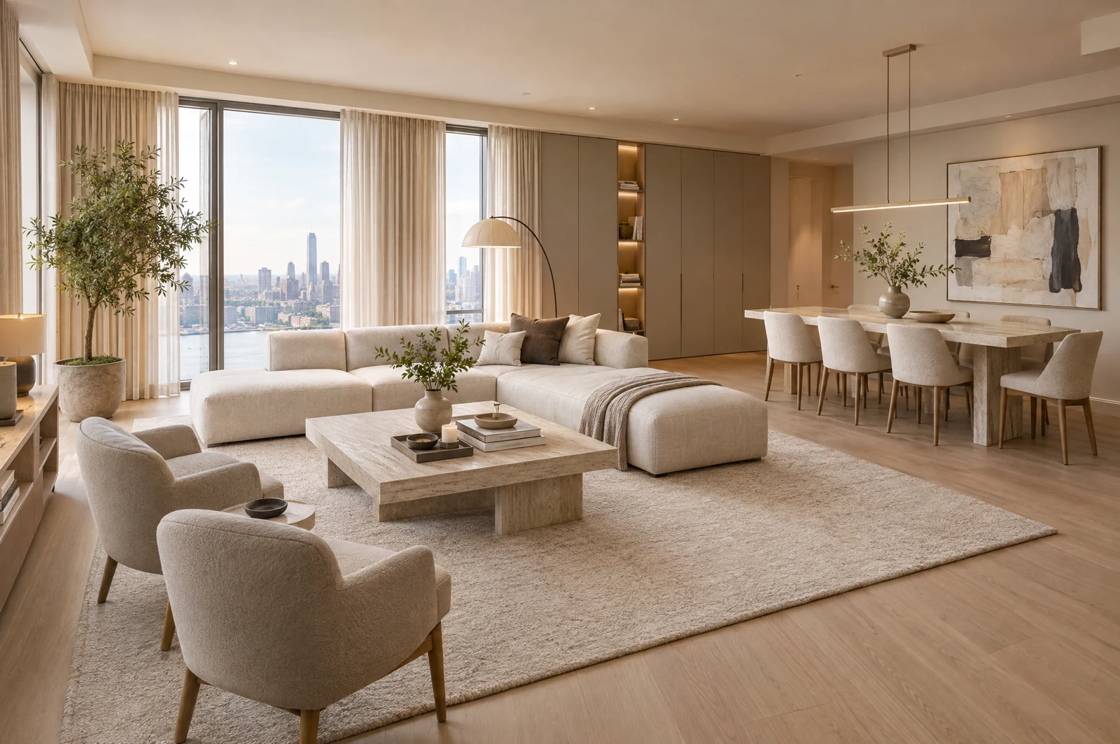 A complete modern minimal interior with tailored furniture and integrated storage