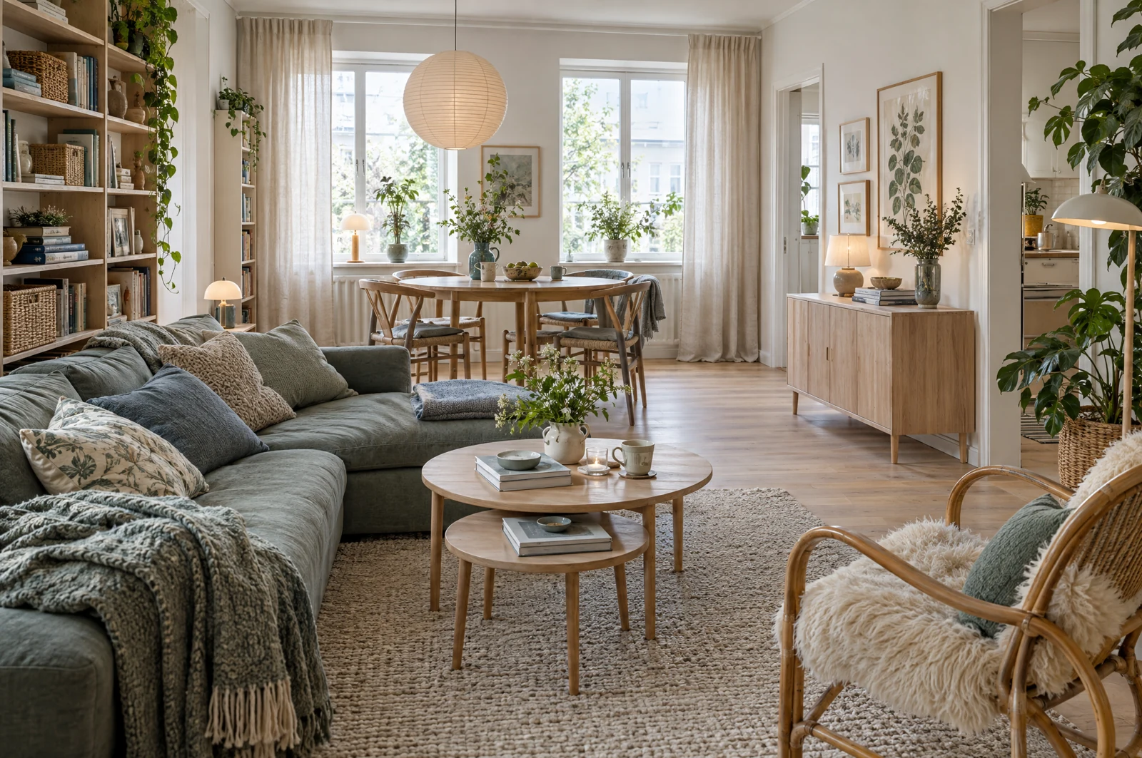 A fully furnished Scandinavian room with pale timber, layered textiles and practical storage