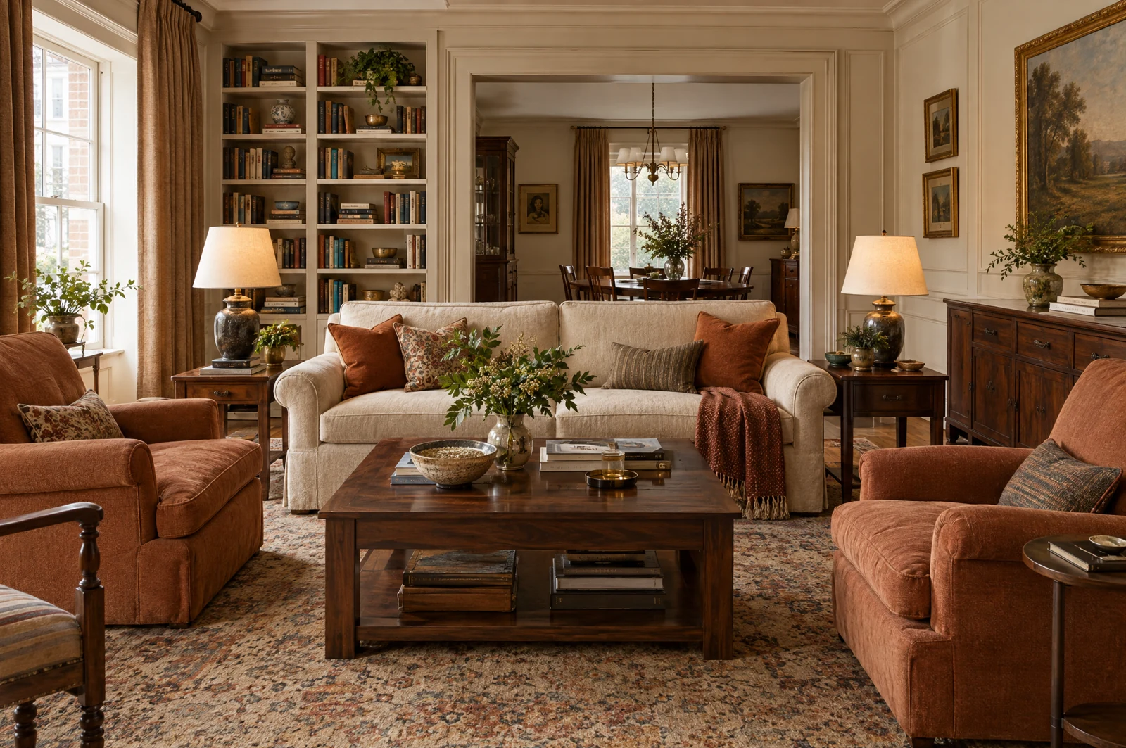 A richly furnished warm classic living room with walnut furniture and layered textiles