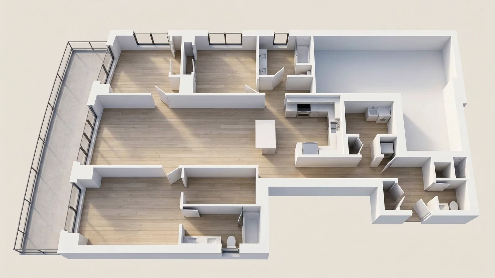 Camera diving into the 3D model of the apartment's living room