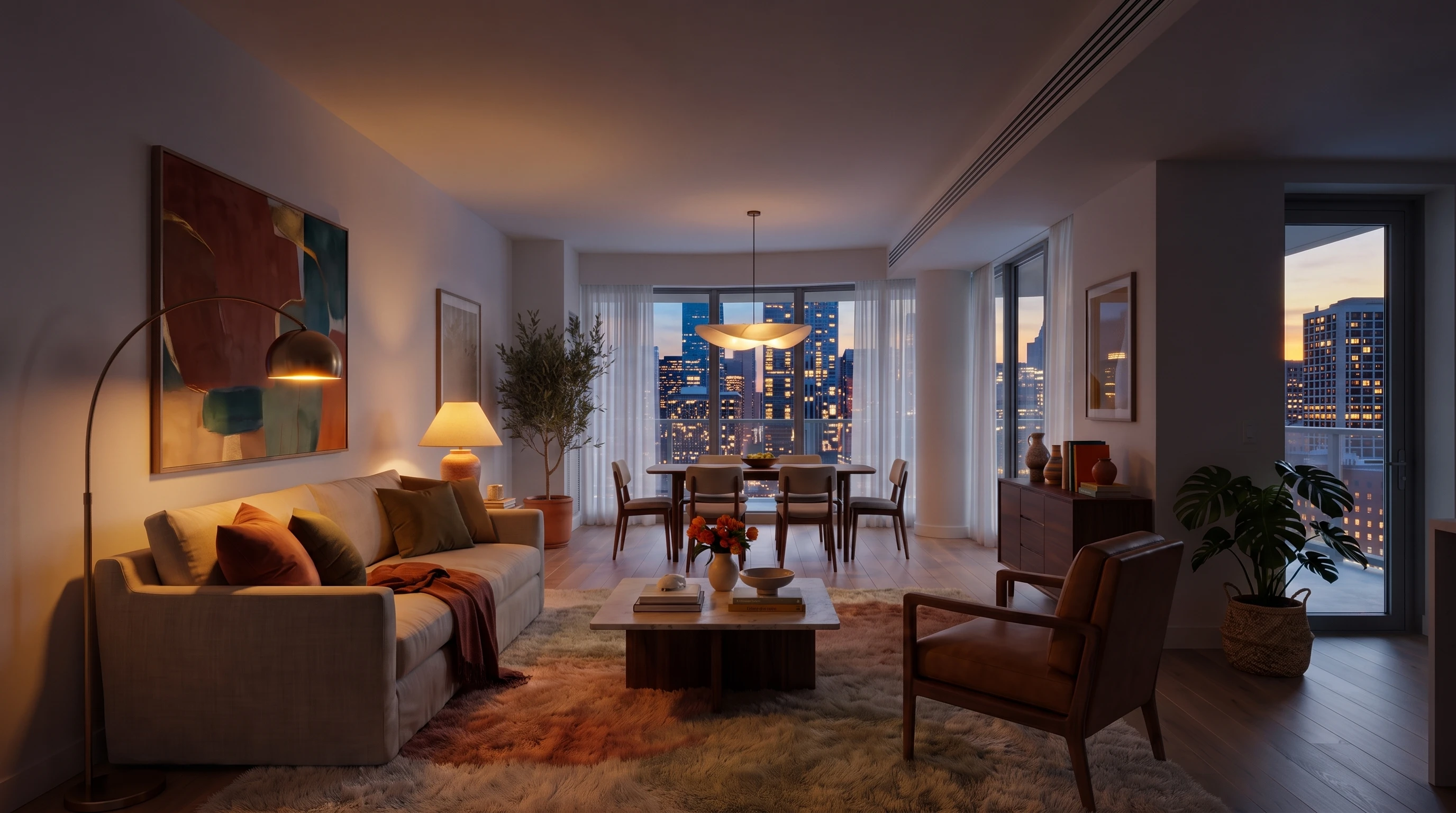 The finished living room at dusk, lamps glowing