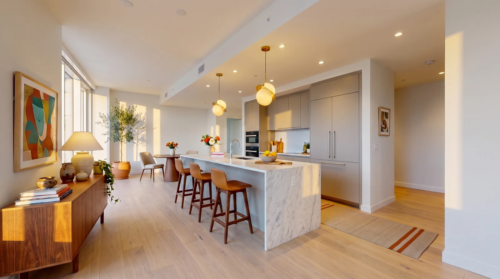 The completed kitchen with stools and pendant lights