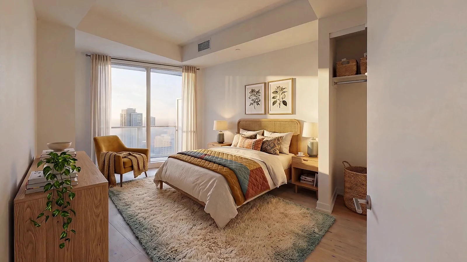 A tour of the guest room followed by a real glass-door transition onto the empty balcony