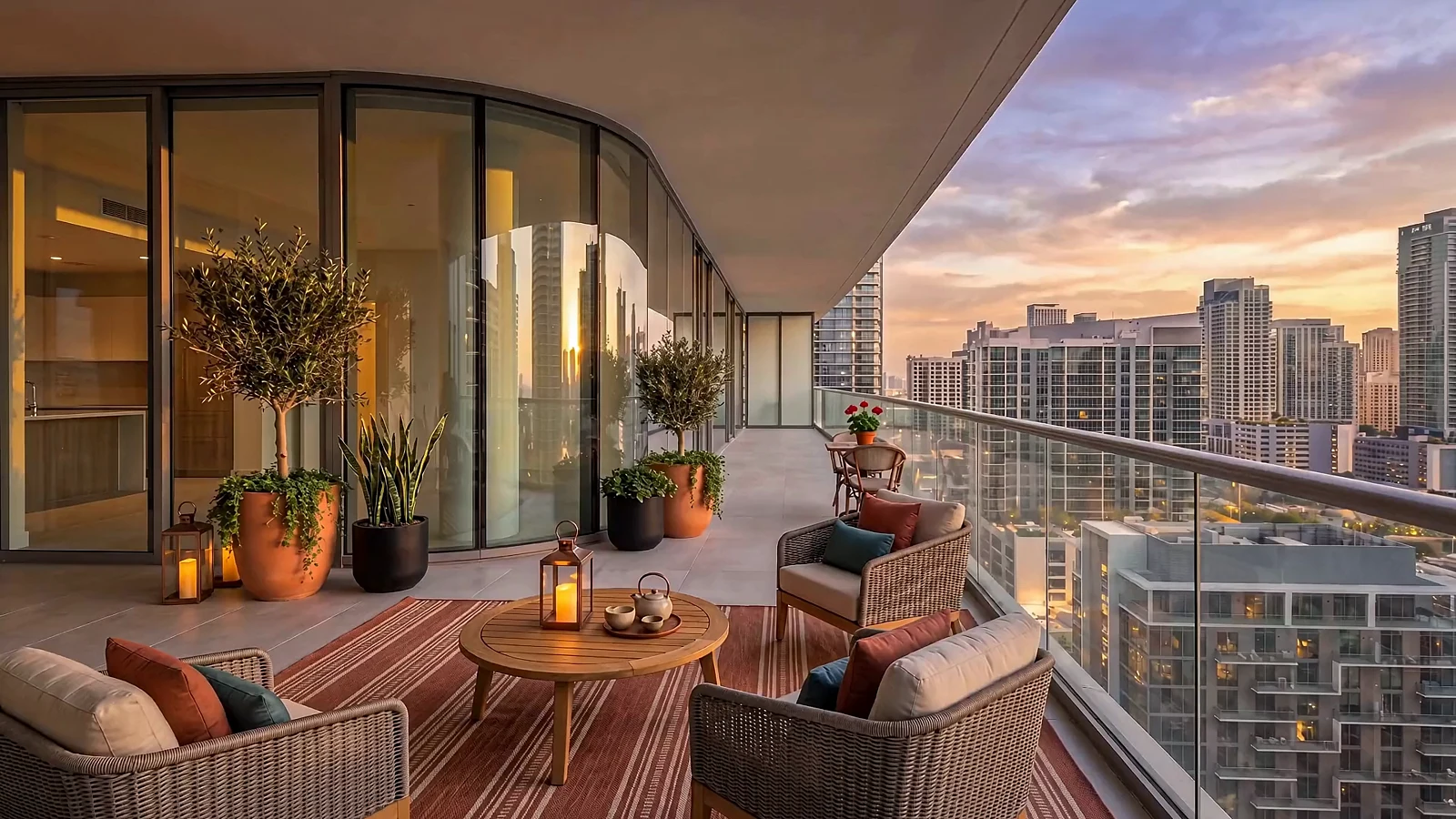 The completed balcony turning from golden hour to blue hour