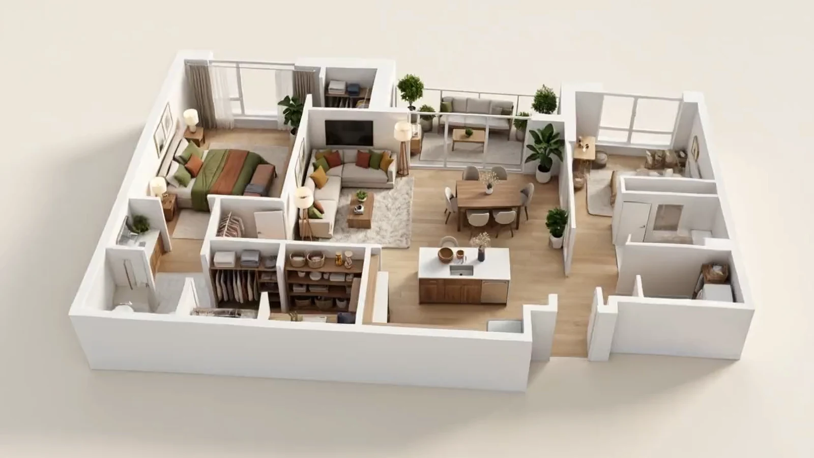 Furnished 3D model of the two-bedroom apartment