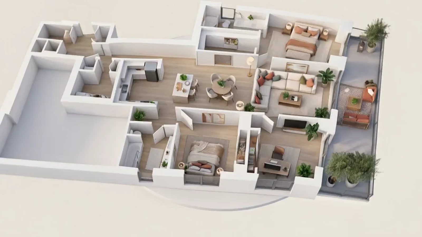 Furnished 3D model of the three-bedroom apartment