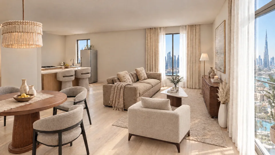 Scandinavian one bedroom, Living and dining: Sofa facing the walnut sideboard, round table under the pendant.