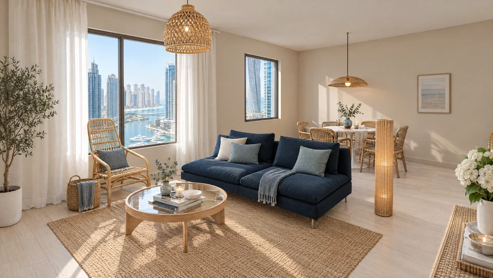 Coastal two bedroom, Living room: A navy sofa facing the balcony light, with rattan and jute around it.