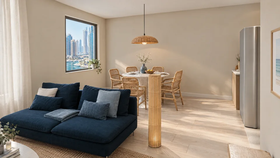 Four rattan chairs around a round white dining table under a woven pendant