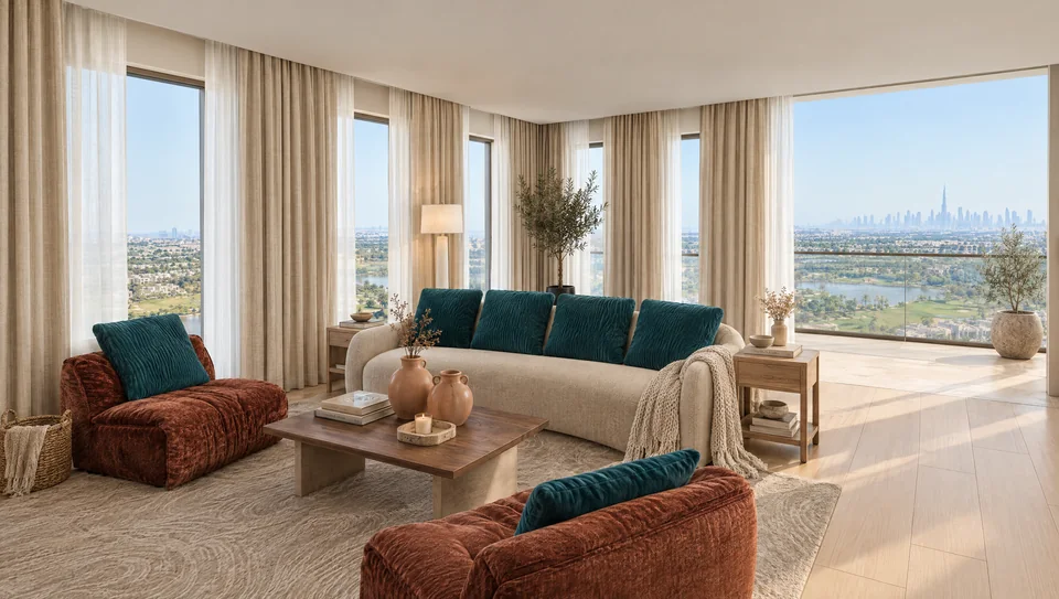 Modern contemporary four bedroom, Living room: A curved sofa, rust velvet chairs and olive trees facing the golf course.
