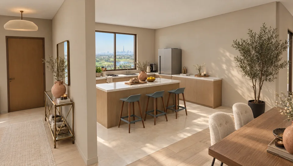 A kitchen island with three teal counter stools and an entry console beyond