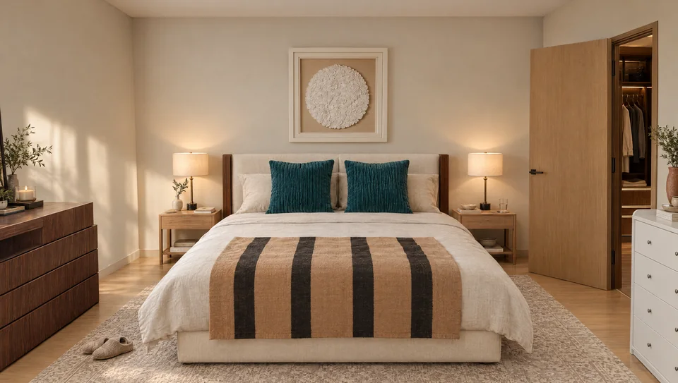 A main bedroom with teal velvet cushions against layered linen on an upholstered king bed