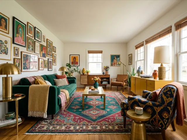 A bold eclectic living room: emerald velvet sofa, jewel tones, gallery wall