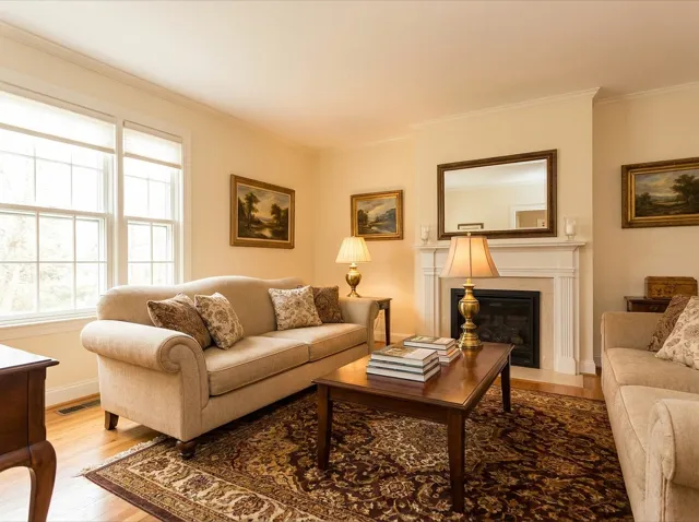 A warm classic living room: rolled-arm beige sofa, brass lamp, cream walls