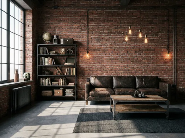 An industrial living room: exposed brick, leather sofa, black metal, Edison bulbs