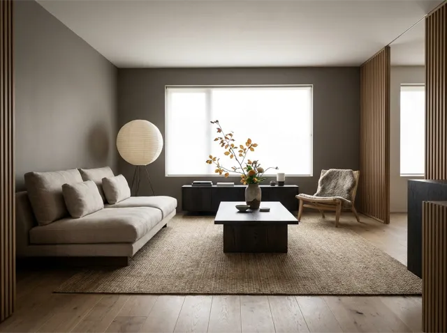A Japandi living room: oatmeal sofa, dark wood, paper lantern, calm and minimal