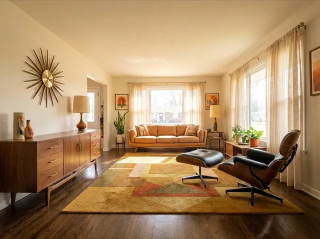 A mid-century modern living room: tan leather sofa, walnut, retro accents