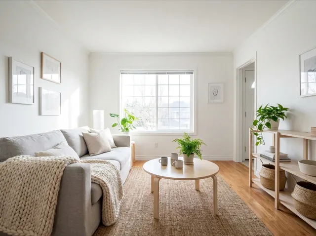 A Scandinavian living room: light grey sofa, pale wood, plants, bright and airy